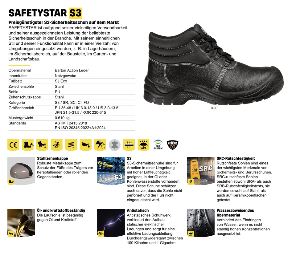 Arbeitsschuhe S3 Sicherheitsschuhe Stiefel Stahlkappe Schwarz Leder 37-50 NEU - Bild 2 von 4