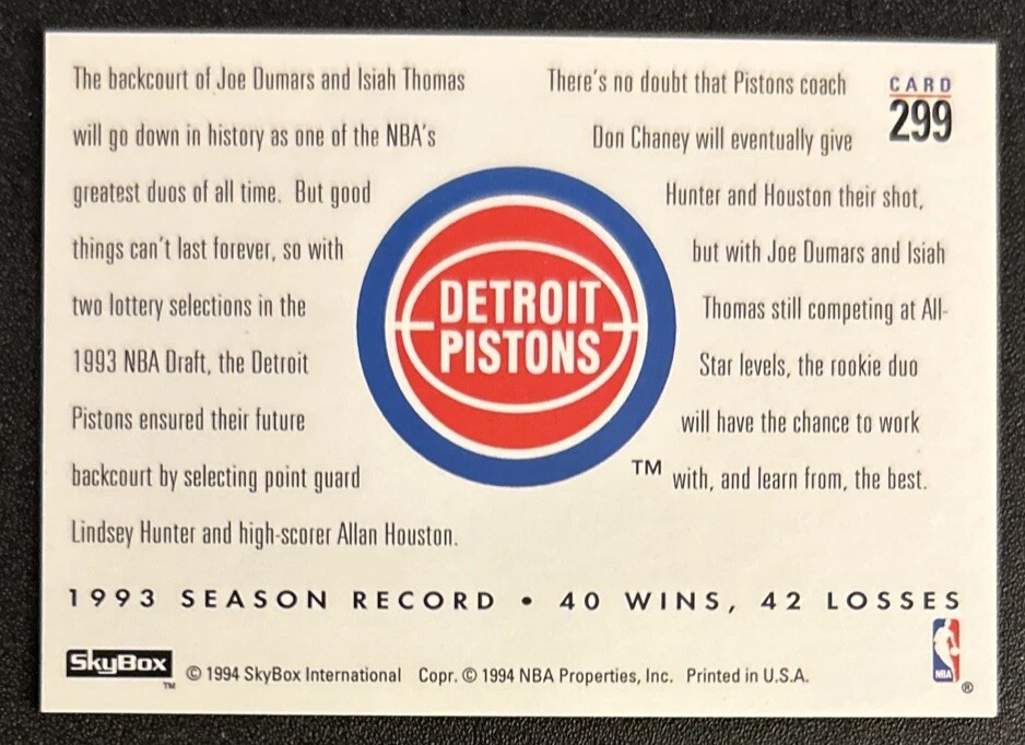 Tarjeta de novato Skybox Changing Faces Lindsey Hunter Allan Houston 1993-94 RC 299 en muy buena condición Foto 2 de 2