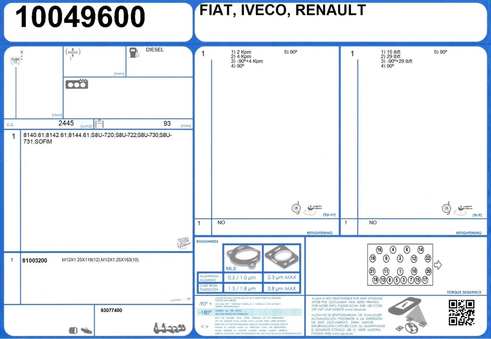 Full Engine Rebuild Gasket Set RENAULT TRAFIC 2.4 68 S8U-722 (1979-3/1985) - image 2 of 2