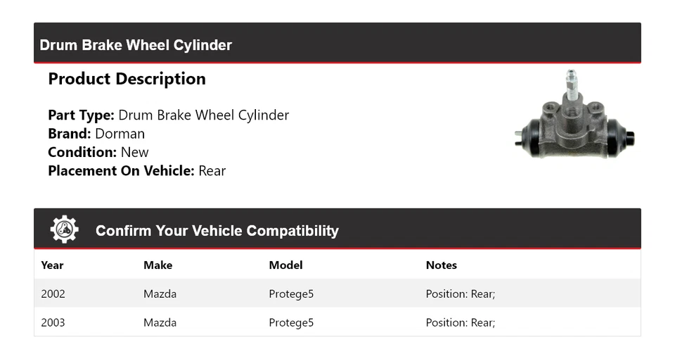 Cilindro de rueda de freno de tambor trasero para Mazda Protege5 Dorman 2002-2003 Foto 2 de 3