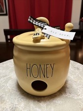 NEW Rae Dunn Yellow Honey Bee “HONEY” Pot Birdhouse 7” Black Checked Bow Feeder