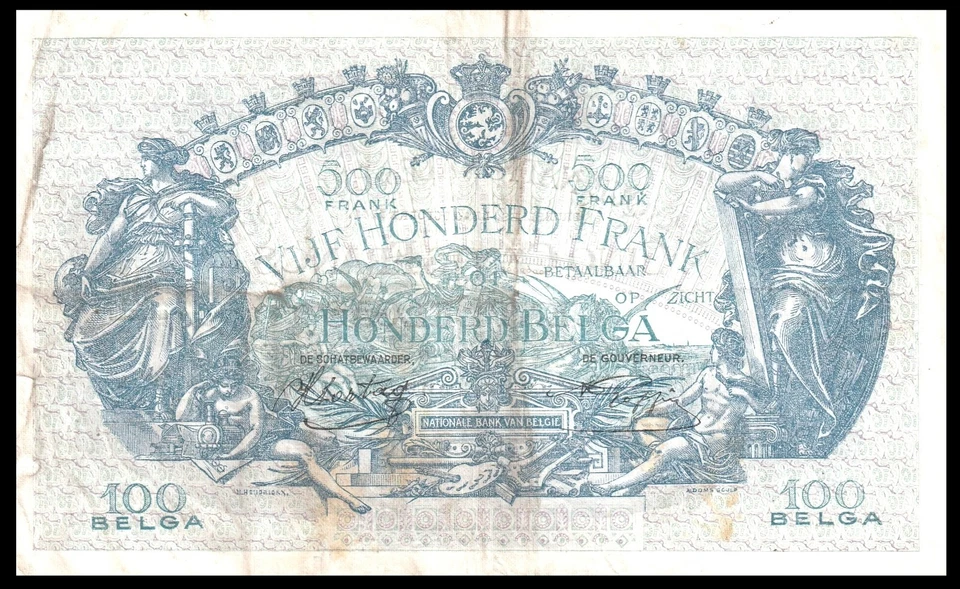 🇧🇪 BELGIUM 1941 500 FRANCS 100 BELGAS @ LARGE SIZE , RARE NOTE !!! - Image 2 of 2