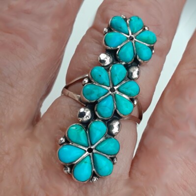 Handwerklich handgefertigter Ring 3 Blumen Design Türkis Sterlingsilber Größe 7 Vintage