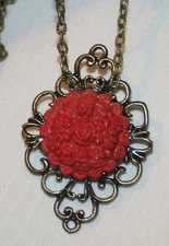 Delightful Scallop Brasstone Raised Ruby Red Flower Bouquet Pendant Necklace Pin