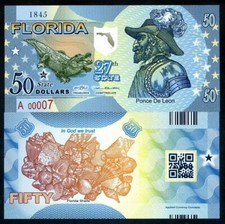 USA States, Florida 50 State $, Ponce de Leon - crocodile - Polymer, ND - UNCIRC