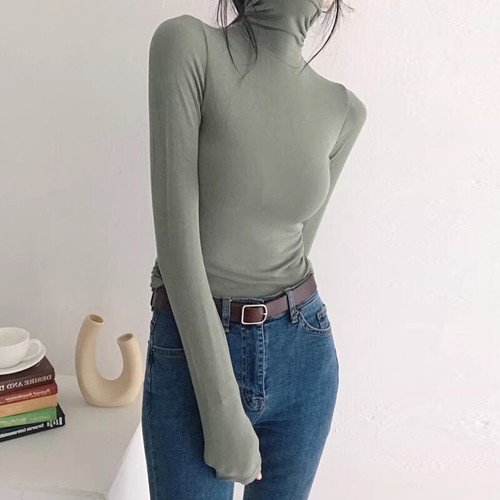 Damen Bonbonfarben Stretch Slim Rollkragen Langarm T-Shirt Slim Bluse Tops - Bild 12 von 33