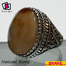 Ring 925 Sterling Silver Men Agate Aqeeq Stone Natural Yemeni Handmade         