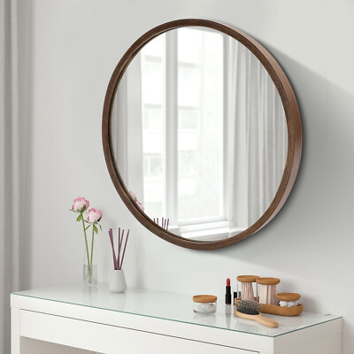 Round Medicine Bathroom Mirror Cabinet Wood Framed Walnut Wall Mounted 20''x20''