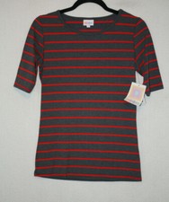 NWT LuLaRoe Size S Gigi Tee Dark Gray Red Stripes Print USA Made