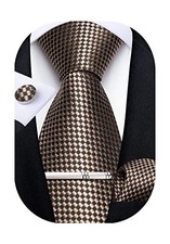  Plaid Ties for Men Silk Checkered Necktie and Pocket Square Cufflinks C-brown