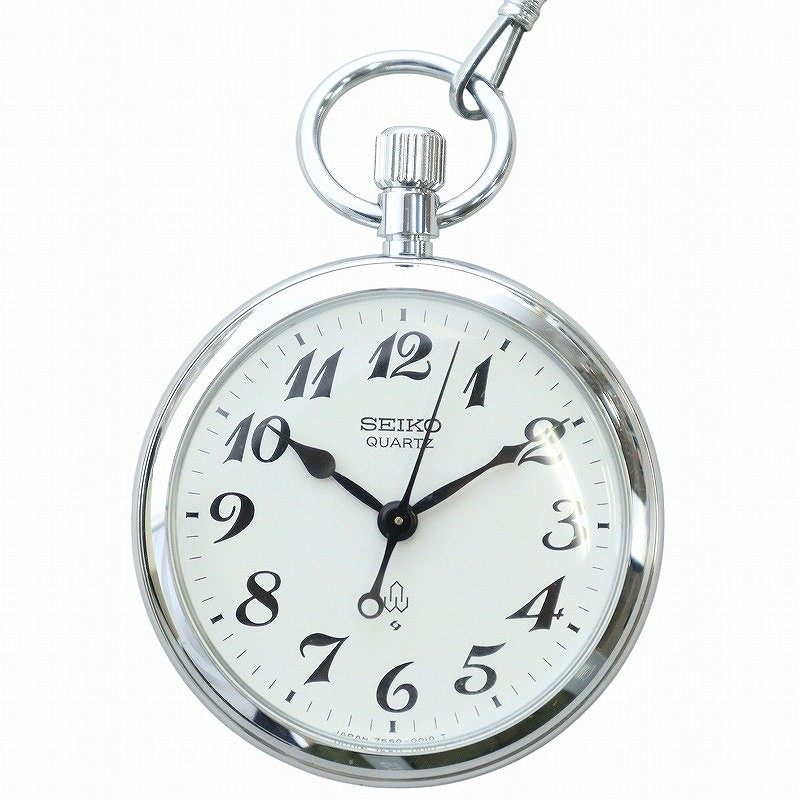 Seiko Y0719 Quartz Pocket Watch Black Dial Silver Logo 7550-0010 Used Movement