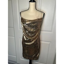 NWT ASOS Sequin Cowl Neck Slip Mini Dress Gold Party Strappy Open Back Size 12