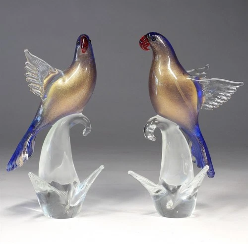 BEAUTIES! Pr. Vintage Italian Murano Art Glass Birds