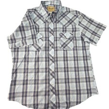 Wrangler Western Shirts Mens XL Grey Plaid Short Sleeve Pearl Snap Button Up