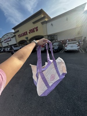 Trader Joe's Canvas Reusable Shopping Bag Purple White Foldable