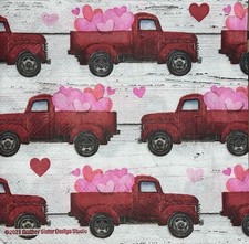 TWO Individual Paper Beverage Decoupage Napkins - VALENTINE Red Truck/hearts 5  