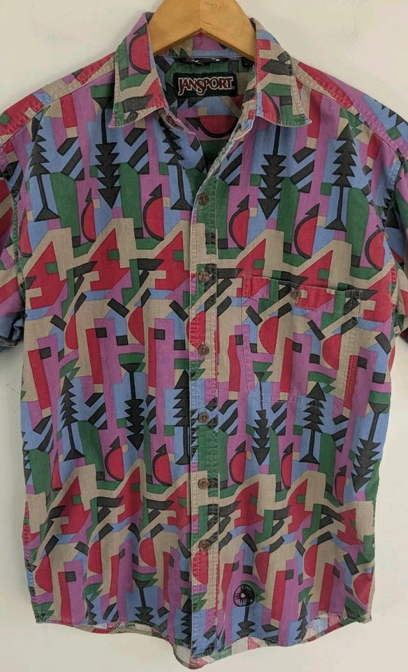 Rare 90s Jansport Mens S M Camp Shirt Tribal Aztec Colorful Button Up Cotton SS - Image 3 of 4