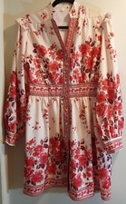 Shein Women's Light Peach Multi Floral Print Long Sleeve Fit & Flare Dress, L.