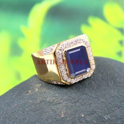 Bague Pour Homme En Argent Sterling 925 Plaqué Or Avec Saphir Bleu Chauffé #5195 - Photo 1/4