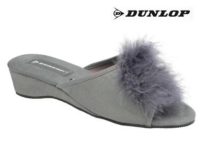 Ladies Womens Wedge Slippers Dunlop Feather Pom Pom Faux Suede Mules Heel Shoes