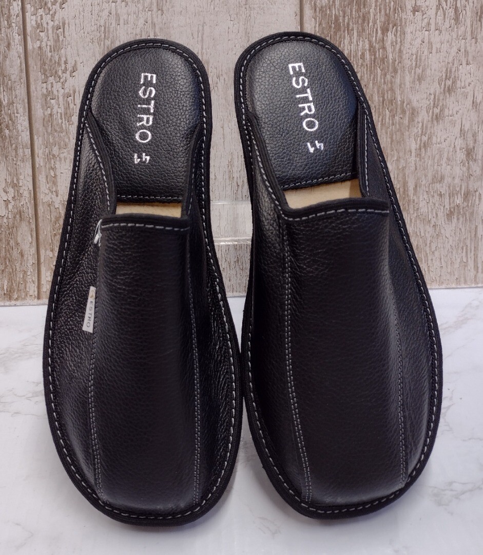 ESTRO Men's Black Leather Slip on Mule House Slippers Size 41 (8) BNIB