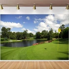 Golf Course Backdrop Woodland Green Grass Lawn Golf Flag Lake Sports Backgrou...