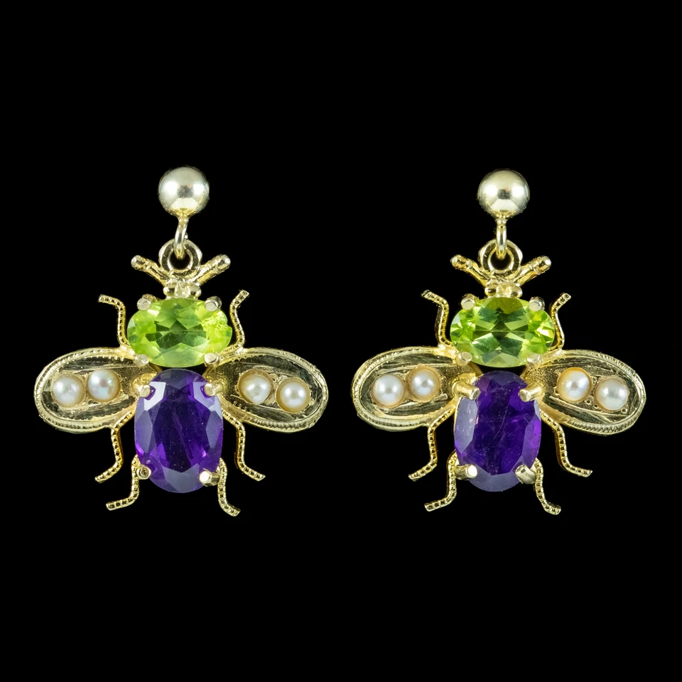 PENDIENTES SUFRAGISTA INSECTO ABEJA PERIDOTO AMATISTA PERLAS Foto 2 de 4