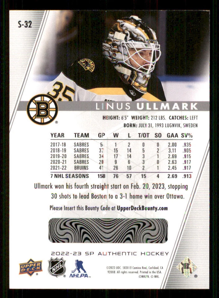 2022-23 SP Authentic Spectrum FX #S32 Linus Ullmark - Image 2 of 2