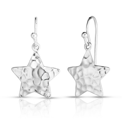 Italian 925 Solid Sterling Silver Star Hammered Drop Dangle Hook Earrings