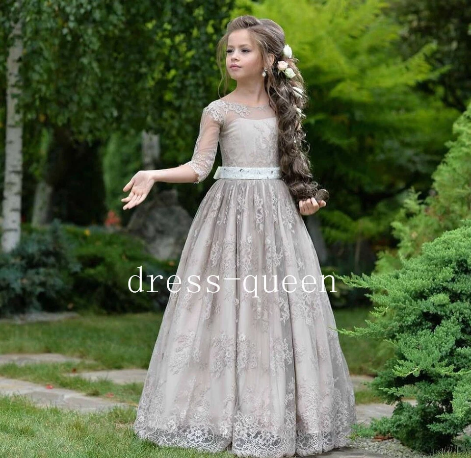 Grey Lace A-Line Flower Girl Dresses 3/4 Sleeves Long Toddler Teens Formal Dress - Image 2 of 4
