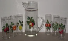 Vintage hand blown tall glass pitcher & glasses set worn gold trim fruit pattern