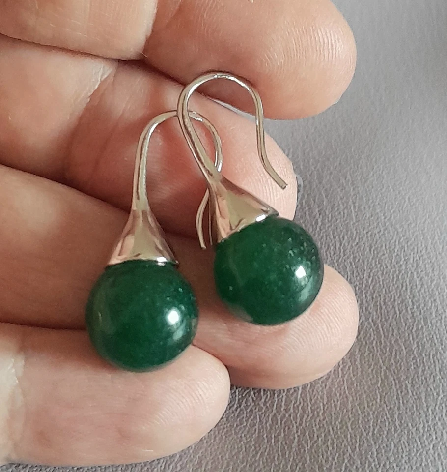 ORECCHINI GIADA VERDE NATURALE E ARGENTO 925 PENDENTI DI PERLE DI GIADEITE VERDE - Immagine 2 di 4