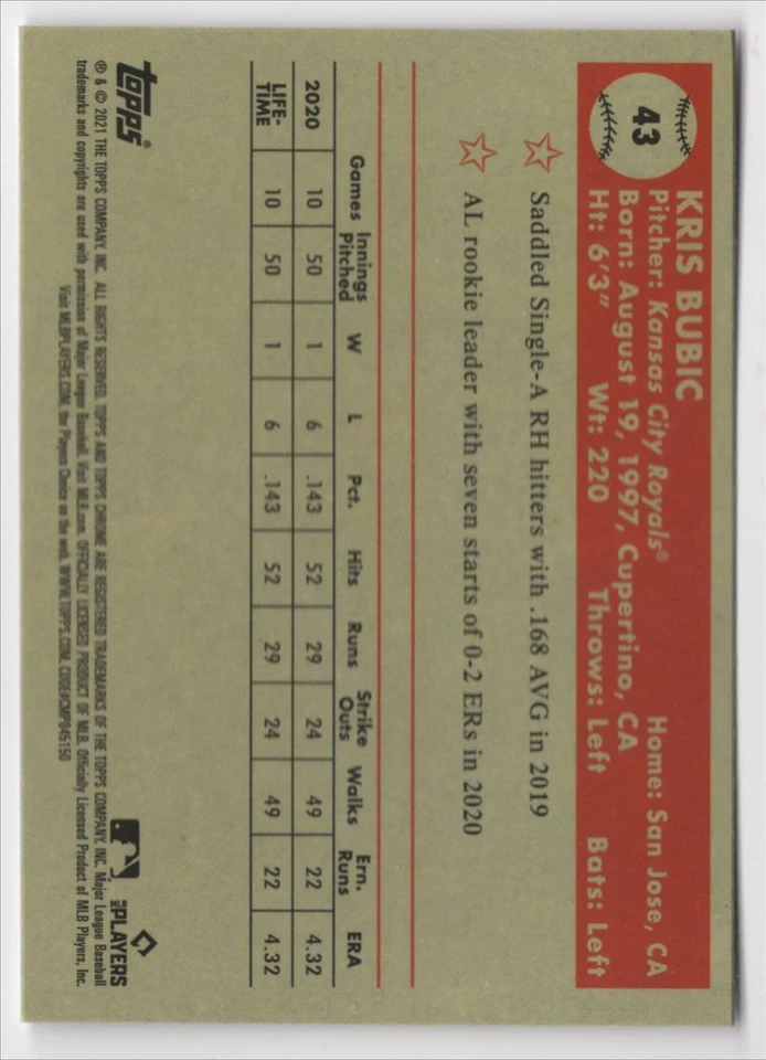 2021 Topps Chrome Platinum Anniversary Kris Bubic Kansas City Royals R90 - Image 2 of 2