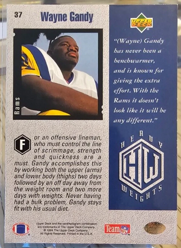 1994 Upper Deck Heavy Weights Wayne Gandy #37 Rams - Image 2 of 2