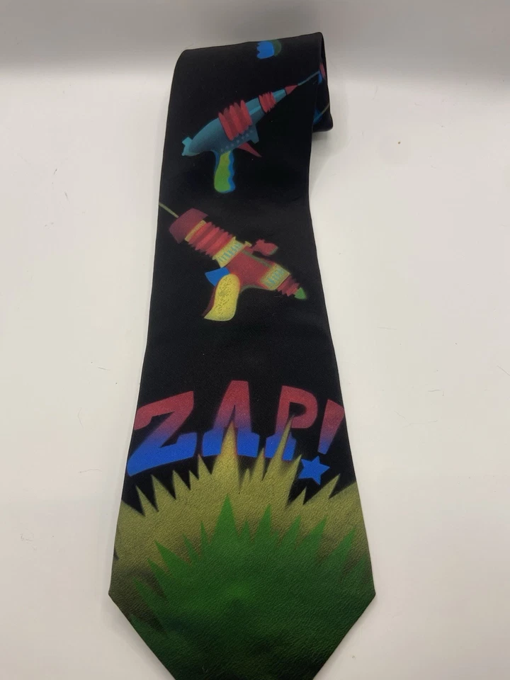 Corbata de seda firmada pintada a mano Flamingo Joe de colección ciencia ficción RAY GUNS jugador Foto 2 de 4