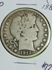 1913-P BARBER OR LIBERTY HEAD HALF DOLLAR. RARE.  188,000 MINTED. VG CONDITION.