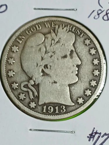 1913-P BARBER OR LIBERTY HEAD HALF DOLLAR. RARE.  188,000 MINTED. VG CONDITION.