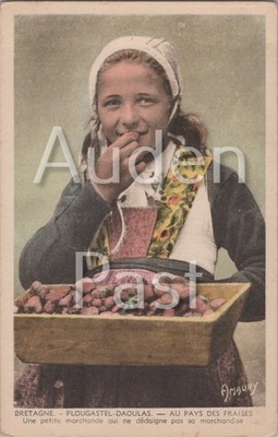 Vintage J. Maury Postkarte Bretagne Erdbeerverkäufer Plougastel 4522