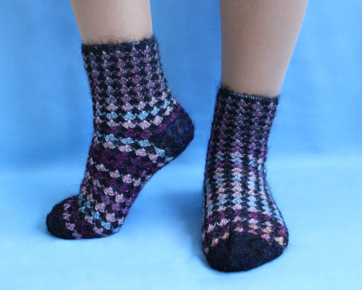Colorful crochet warm Russian Orenburg goat wool socks, Boot socks, Foot warmers