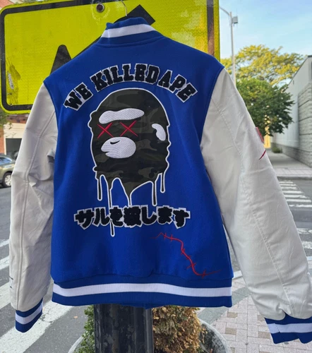 BAPE STYLE VARSITY JACKET APE CLASSIC WOOL LEATHER ROBERT PHILLIPE BLUE NWT - product listing photo