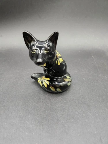 VTG. Fenton Black Glass Fox Figurine Hand Painted w/Yellow Florals Signed