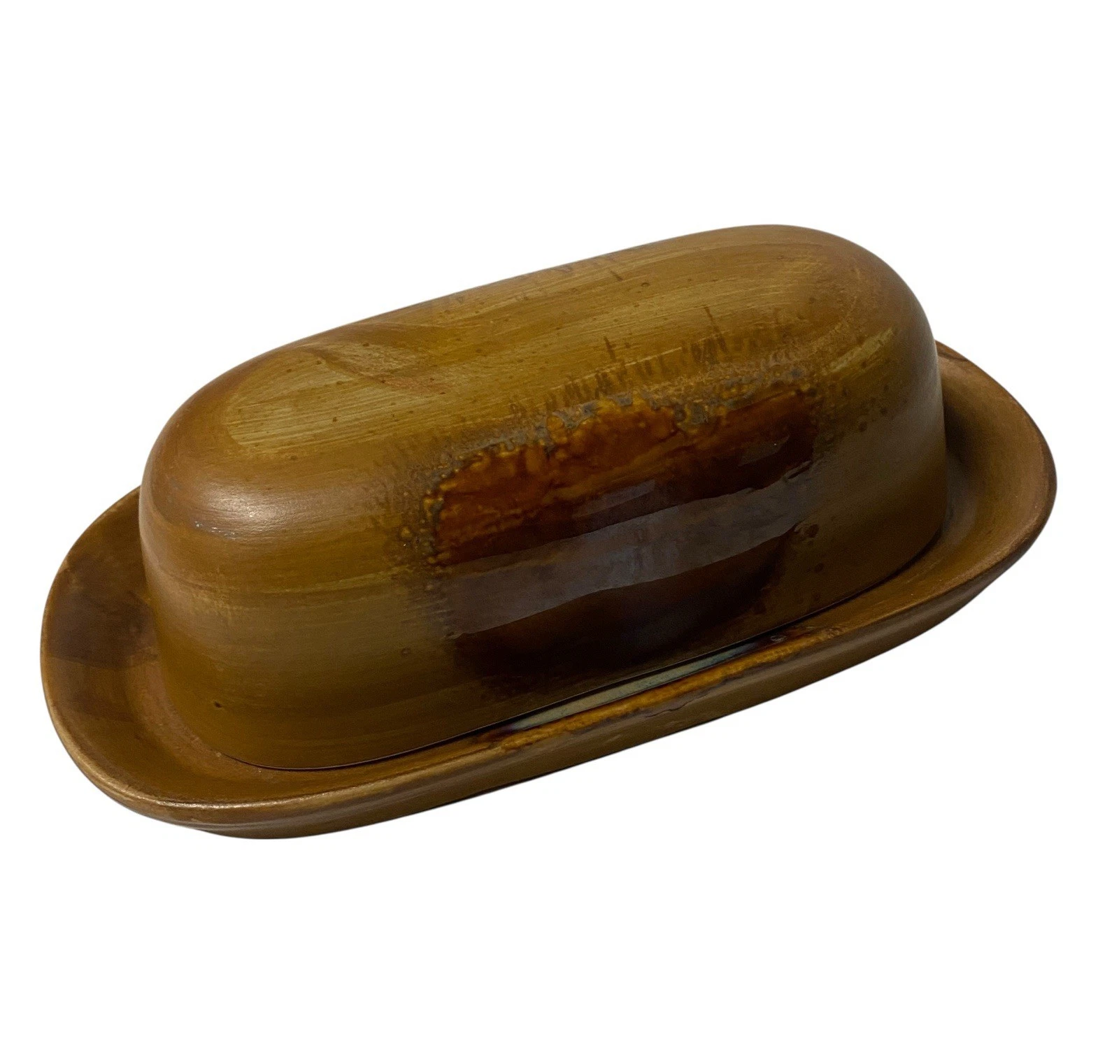 Sango Ceramic Butter Dish Splash Brown Covered Lid Earth Tones Scratch See