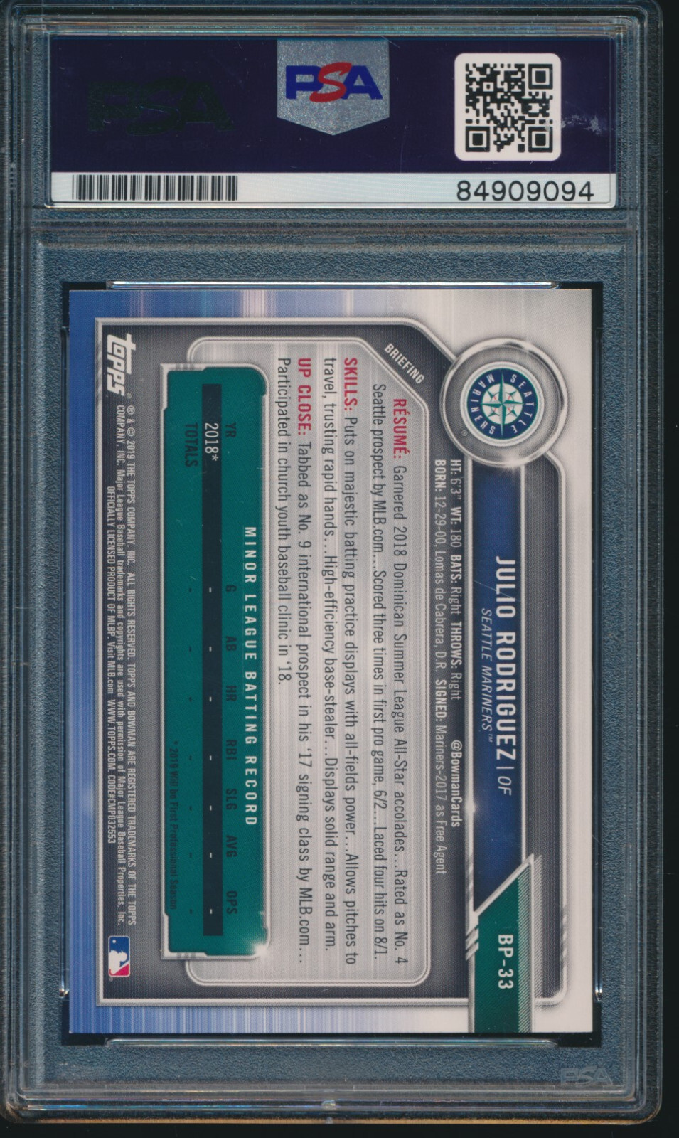 PSA 10 AUTO GRADE JULIO RODRIGUEZ 1st 2019 Bowman Paper #BP33 Rookie RC GEM MINT view 2