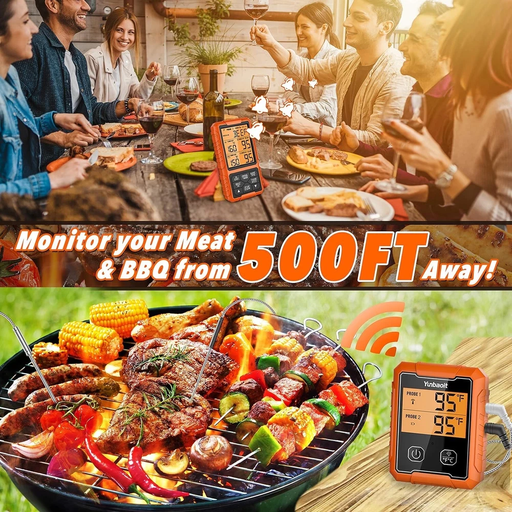 Digital Meat Thermometer - Wireless, Remote Range of 500FT, Dual Probes