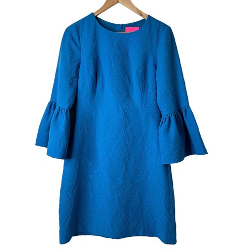 Lilly Pulitzer Viola Stretch Dress Size 6 3/4 Flare Sleeve Blue Jacquard Floral