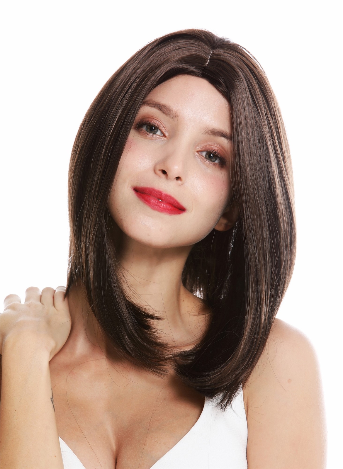 Women's Wig Shoulder-Length Short Long Bob Center Part Smooth Brown