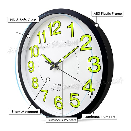12'' Luminous Quartz Wall Clock Home Decor Night Glow In the Dark Silent Clock - Picture 3 of 9