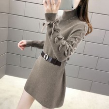 Damen Strick Mini Kleid Lang Pullover mit Gürtel Hoher Kragen Freizeit