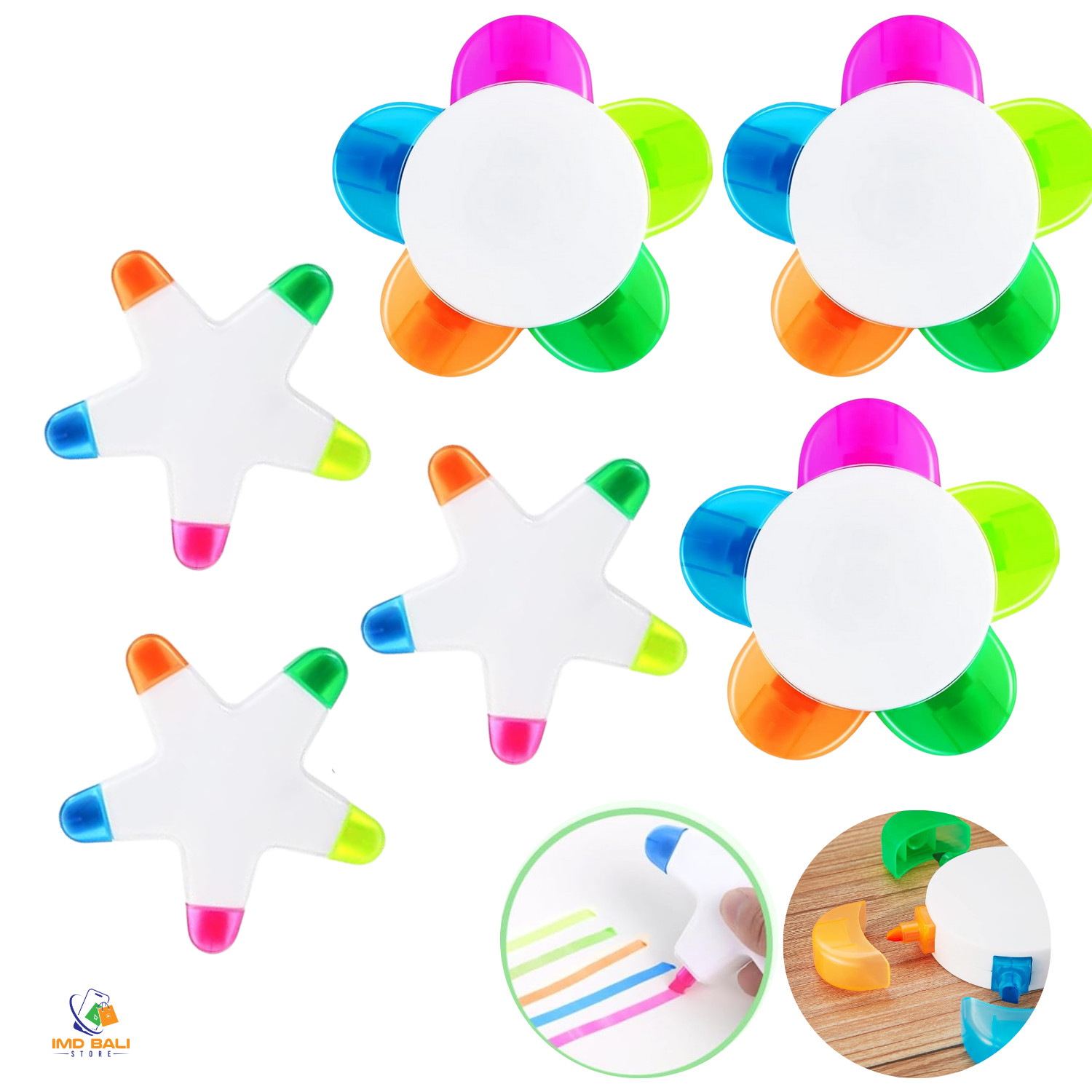 S Flower And Star Shape 5-in-1 Color Fluorescent Pens 6 Pieces