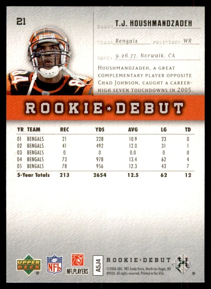 2006 Upper Deck Rookie Debut T.J. Houshmandzadeh Cincinnati Bengals #21 - Image 2 of 2